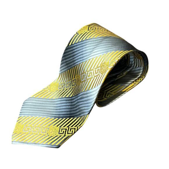Gianni Versace Stripped Medusa Yellow Gray Silk Twill Tie - Picture 2 of 11